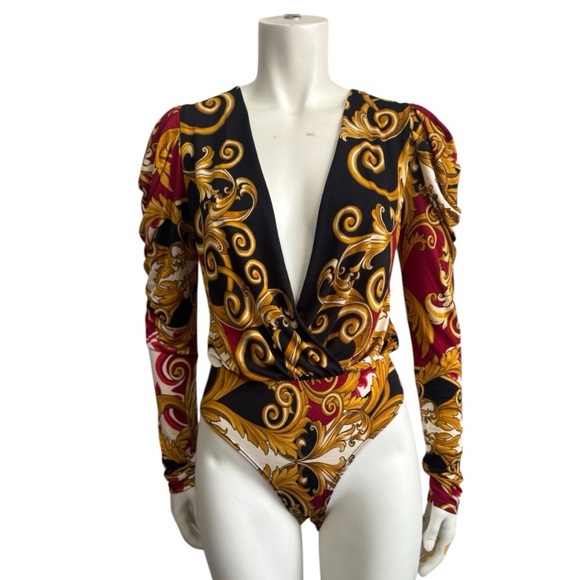DAY G knit baroque graphic deep v-neck bodysuit women’s size small - Picture 1 of 11